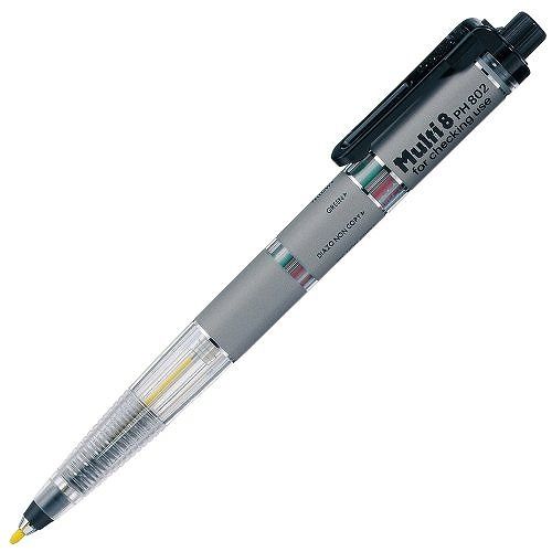 ぺんてる マルチ8 PH802JANコード：4902506314321サイズ:軸径 17mm ×奥行 13mm × 長さ 140mm重さ:15g材質:軸:PC クリップ:ABS 先金、チャック:真鍮 頭冠、サヤ:PP ケース:発泡ウレタン芯径：色芯：2.0　内蔵芯：2.0芯軸色：グレー1本に8種類の芯を内臓したホルダータイプのシャープペンシル。【特長】・色芯6色、ノンコピー芯2種内蔵のデザイン編集に適したタイプ。・内蔵芯：赤・青・緑・茶・橙・黄・ジアゾノンコピー芯・PPCノンコピー芯【送料について】北海道、沖縄、離島は送料を頂きます。