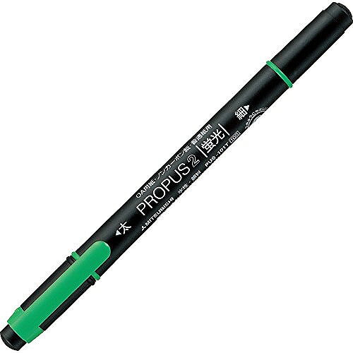 三菱鉛筆 プロパス2 緑 PUS101TN 6JANコード：4902778184202軸経11mm × 厚さ14mm × 全長140mm重量:7.6g太字角芯+細字丸芯の1本で2役。インクカラー：緑。線巾：細字丸芯0.6/太字角芯4.0mm。長：139.7mm。インク種類：水性顔料。軸/キャップ：再生PP製。【送料について】北海道、沖縄、離島は送料を頂きます。