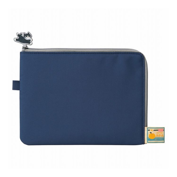 LIHIT LAB. にゃんシーン フラットポーチ インディゴブルー L字ファスナー フラットタイプ 文具小物入れ トラベル 旅行 猫 CAT 猫好き クッション入り A2222-11