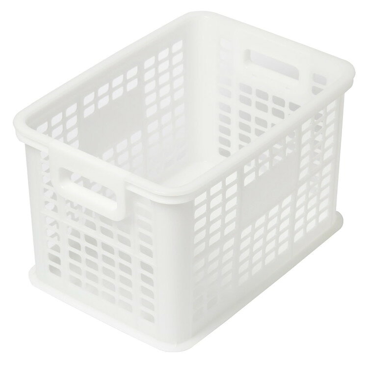 【商品説明】たっぷり収納できて持ち運びしやすいコンテナです。側面はメッシュ状で通気性が良いです。日用品のストック置き、小物整理など、さまざまなシーンで役立ちます。丈夫で水に強いため、ランドリー、ガーデニングでも活躍します。持ち手は広めでつかみやすいです。同サイズとスタッキング可能です。別売りのサイズ違いを入れ子にして重ねられます。【商品情報】■サイズ外寸：約 幅45.4×奥行32.6×高さ28（cm）内寸：約 幅42×奥行29.5×高さ27（cm）■生産国日本製■セット内容1個■注意事項※商品ページ内には別の商品を含む画像を使用しています【代引きについて】こちらの商品は、代引きでの出荷は受け付けておりません。【送料について】北海道、沖縄、離島は送料を頂きます。LINKBR-1BR-2BR-3