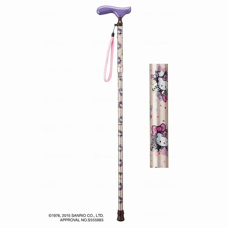 【商品説明】可愛いハローキティの杖。 ハローキティオリジナルストラップ付き。○材質材質 ○グリップ：木製（楓） ○シャフト：アルミ合金○規格詳細○杖の長さ：約78〜88cm（2.5cm間隔 5段階調節式） ○折りたたみ時：約26cm ○杖の上径：19mm ○杖先ゴム：キャラクターシリーズ用・16mm・茶 ○底径：29mm ○適応身長：約150〜170cm ○付属品：ストラップ、折りたたみホルダー【代引きについて】こちらの商品は、代引きでの出荷は受け付けておりません。【送料について】北海道、沖縄、離島は送料を頂きます。