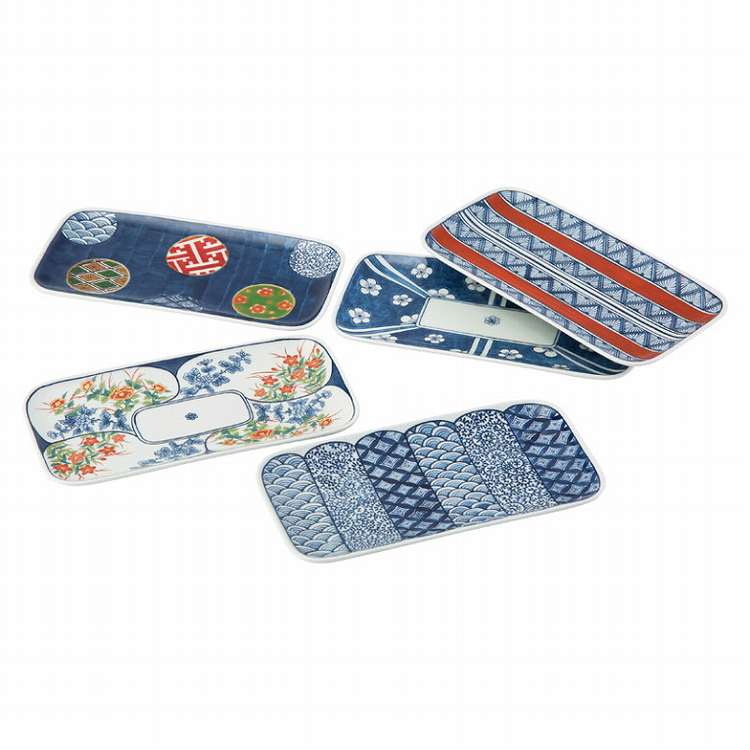 波佐見焼 染錦文様 長角皿5枚揃 20638(代引不可)【送料無料】(3)