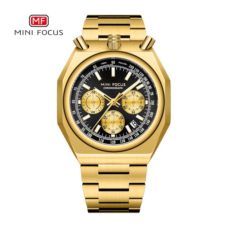 【商品説明】高品質・デザインにこだわったリーズナブルで人気の腕時計。ビジネスやレジャーなど機会を問わずたくさんの場面でご着用いただけます。ムーブメント：クォーツ(電池式) 付属品：純正ケース・取扱説明書 ・保証カード サイズ：ケース直径：約mm43*47.5mm (リューズ除く) ケース厚さ：約13mm ベルト幅：約25mm 時計全長：約200mm　ケース素材：ステンレス 重さ143g 防水：3ATM【送料について】北海道、沖縄、離島は送料を頂きます。MINI FOCUS 0601Gシルバー×ホワイトシルバー×ネイビーシルバー×ブラックゴールド×ネイビーゴールド×ブラックブラック×ブラック