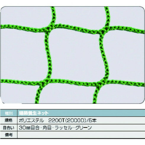 【商品スペック】特長●ポリエステルを使用した耐久性のある建築養生ネットです。用途●工事部材の飛散防止、荷押さえに。仕様●色：緑●幅(m)：2●長さ(m)：10.0●目合(mm)：30●糸径(mm)：1.8仕様2●仮設工業会認定外品材質／仕上●ポリエステルセット内容／付属品注意【代引きについて】こちらの商品は、代引きでの出荷は受け付けておりません。【送料について】北海道、沖縄、離島は送料を頂きます。