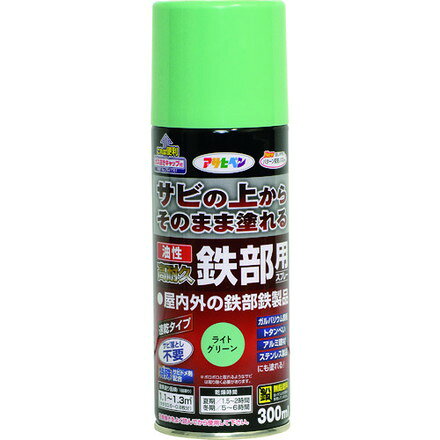 【商品スペック】特長●サビの上からそのまま塗れる、サビドメ兼用の鉄部用スプレーです。●シリコンアクリル樹脂採用で耐候性に優れています。●密着力が強く、ガルバリウム鋼板やトタン、アルミ、ステンレスにも塗装できます。●1回塗りに仕上がりますので、作業性抜群です。用途●扉・フェンス・シャッター・パイプ・機械器具・農機具など屋内外の鉄部、鉄製品に。仕様●色：ライトグリーン●容量(L)：300(ML)●乾燥時間：●乾燥時間：夏期/1.5〜2時間・冬期/5〜6時間。●塗り重ね回数：1●塗布面積(［［M2］］)：●標準塗り面積(1回塗り)：1.1〜1.3平方メートル。仕様2●油性高耐久鉄部用スプレー300MLライトグリーン材質／仕上●合成樹脂（シリコンアクリル樹脂）、顔料、サビドメ剤、有機溶剤セット内容／付属品注意【代引きについて】こちらの商品は、代引きでの出荷は受け付けておりません。【送料について】北海道、沖縄、離島は送料を頂きます。