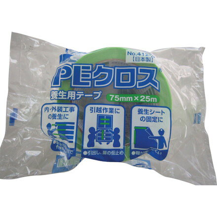 【商品スペック】特長●のり残りがしにくいので、引越し作業の仮止めや養生シートの固定に適します。●優れた手切れ性縦糸にポリエステル繊維、横糸にポリエチレン繊維を使用し、優れた手切れ性で作業性をアップさせました。●色が目立つため貼り残しやはがし残しもよく分かります。用途●内・外装工事時の養生。●引越作業時の仮止め。●養生シートの固定に。仕様●色：ライトグリーン●幅(mm)：75●長さ(m)：25●厚さ(mm)：0.15●テープカット条件：手で切れる●粘着力(N/10mm)：3.18●引張強度(N/10mm)：34仕様2材質／仕上●基材：ポリエチレン、ポリエステル織布●粘着剤：アクリル系セット内容／付属品注意●この製品は養生用テープです。用途以外には使用しないで下さい。●被着体の材質、使用条件によっては糊残り、表面破壊、変色のおそれがありますので、必ずテストをしてから使用して下さい。●長時間貼ったままにしたり、直射日光に当りますと糊残りする場合があります。●人体には、直接貼らないで下さい。かぶれるおそれがあります。●電気絶縁用には使用しないで下さい。【代引きについて】こちらの商品は、代引きでの出荷は受け付けておりません。【送料について】北海道、沖縄、離島は送料を頂きます。