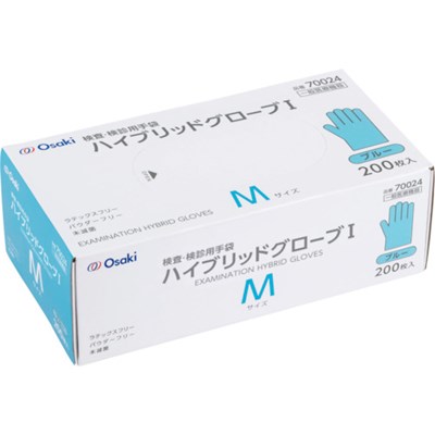 特長●検査・検診にも使用できる一般医療機器・医療品質の使い捨て手袋です。●プラスチック(ビニール)手袋にニトリル成分を配合することで、指先にしっかりフィットし、ニトリル手袋と同等の細かい操作が行えます。●ラテックスやパウダー、加硫促進剤を使用していないため、アレルギーが心配な方でも使用可能です。●医療・介護・機械作業・家事・清掃など幅広い用途に使用していただけます。●ラテックスフリーで、天然ゴムラテックス由来のたんぱく質を含みません。●SS〜Lのサイズバリエーションがあります。●ブルーとピンクの2色から選べるため、用途や使用部署によって使い分けることもできます。●ピンホールAQL2.5を満たします。用途●医療機関での検査・検診●おむつ交換などの介護●掃除や水仕事などの家事●園芸●工場での操作●感染対策など仕様●色：ブルー●サイズ：M●全長(cm)：24.0●手のひら周り(cm)：19.0●中指長さ(cm)：8.0±0.5●厚さ(mm)：0.09●粉(あり・なし)：なし●すべり止め：あり●食品衛生法：不適合仕様2●医療機器届出番号：23B2X10001000101●サイズ：全長24cm×手のひら幅9.5cm●ラテックスフリー材質／仕上●塩化ビニール、可塑剤、合成ゴム(ニトリルゴム)原産国（名称）：中国【代引きについて】こちらの商品は、代引きでの出荷は受け付けておりません。【送料について】北海道、沖縄、離島は送料を頂きます。