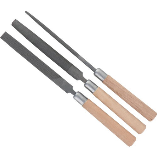 特長●目立てが鋭く、耐久性に優れています。●平、半丸、丸の3本セットです。●木製ハンドル付きの使いやすいヤスリです。用途●鉄をはじめ、あらゆる金属の加工に。仕様●タイプ：中目●全長(mm)：190●刃長(mm)：100●形状：3種セット材質／仕上●炭素工具鋼(SK-2)セット内容／付属品●CK-1(平)・CK-2(半丸)・CK-3(丸)　各1本注意●目詰まりした場合はブラシ等で取り除いてお使いください。原産国：日本【代引きについて】こちらの商品は、代引きでの出荷は受け付けておりません。【送料について】北海道、沖縄、離島は送料を頂きます。