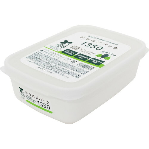 特長●植物由来のバイオマス原料10％を配合しています。●バイオマスプラスチックは植物由来の原料から出来ており、配合することでCO2排出量を抑制することが出来ます。●カーボンニュートラル、地球温暖化防止、石油資源の節約に貢献できる環境にやさしい製品です。●容量1350mlです。用途●食品保存用。仕様●色：ホワイト●容量(L)：1.35●外形寸法(mm)幅：146●外形寸法(mm)奥行：213●外形寸法(mm)高さ：67●サイズ(呼称)：エコロジパック1350●カートンサイズW(cm)：65.4●カートンサイズD(cm)：43●カートンサイズH(cm)：44.5●間口(mm)：146材質/仕上●本体：PP●フタ：PE原産国：日本【代引きについて】こちらの商品は、代引きでの出荷は受け付けておりません。【送料について】北海道、沖縄、離島は送料を頂きます。