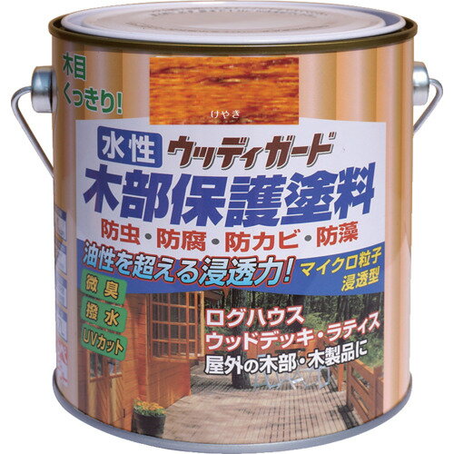 特長●マイクロ粒子浸透型の新しい微臭の水性木部保護塗料です。●木材の防虫・防腐・防かび・防藻効果に優れ、木材に浸透して内部から木の腐食を防ぎます。●耐候性に優れたマイクロ粒子浸透型顔料の採用で、木目がよりくっきりキレイな仕上がりになります。●日光による木の焼けを防ぐために、紫外線吸収剤を配合し色アセ・劣化を防止します。(UVカット)●自然にやさしい蜜蝋成分を配合し、はっ水効果があります。用途●ログハウス・ウッドデッキ・ラティス（木製フェンス）・ぬれ縁・門扉・板塀・雨戸・戸袋・ルーバーなど屋外の木部・木製品。仕様●色：けやき●容量(L)：0.7●乾燥時間：約2時間(夏30℃)、約4時間(冬10℃)●塗布面積(［［M2］］)：約5仕様2●塗布面積：約5［［M2］］材質/仕上●合成樹脂（アルキド・アクリル）、顔料、木材防虫剤、防腐剤、防かび剤、防藻剤、水原産国：日本【代引きについて】こちらの商品は、代引きでの出荷は受け付けておりません。【送料について】北海道、沖縄、離島は送料を頂きます。