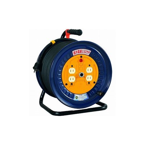 【商品スペック】■特長・電圧ドロップの少ない極太電線仕様です。■用途・各種屋内工事。・建築。・内装工事。■仕様・電線仕様長さ(m)：50・電線仕様太さ(［［MM2］］)：3.5・電線仕様芯数(C)：2・定格電流(A)：5・限度電流(A)：15・コンセント仕様定格：2P15A125V・コンセント仕様個数：4・通電ランプ：○・電圧(V)：100■仕様2■材質／仕上・側板:スチール（焼付け塗装)・グリップ:EVA樹脂■セット内容／付属品■注意・屋内型です。雨天の屋外では使用しないでください。・巻いたまま使用すると焼損するおそれがあります。【代引きについて】こちらの商品は、代引きでの出荷は受け付けておりません。【送料について】北海道、沖縄、離島は別途送料を頂きます。