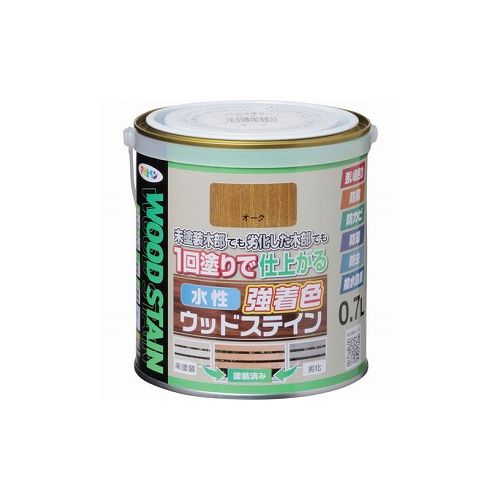 【商品スペック】■特長・隠ぺいが高く1回塗りで仕上がる水性・低臭タイプの木部専用塗料です。・木目を生かした美しいステイン仕上げができ、日光や雨に強く耐候性に優れています。・防腐・防カビ・防藻・防虫効果があり、長期間、木部を美しく保ちます。・撥水剤の配合により長期間撥水性を維持し、木部を保護します。■用途・屋内外木部用。・ラティス・トレリス・プランター・ウッドデッキなどのガーデン用木製品、家具・窓枠・幅木・ウッドクラフト・工作品などのインテリア木部・木製品■仕様・色：オーク・容量(L)：0.7・指触乾燥時間：夏期／2時間　冬期／3時間・塗り重ね可能時間：夏期／1〜3時間　冬期／2〜4時間・塗り重ね回数：1回・塗布面積(［［M2］］)：5.2〜7.2平方メートル（吸い込みの多い面は3.4〜4.8平方メートル）■仕様2・防腐・防カビ・防藻・防虫・撥水剤を配合。■材質／仕上■セット内容／付属品■注意・表示の用途以外には使用しないで下さい。・古い木材や旧塗膜のある木材の場合は、必ず下地処理後に塗装して下さい。・常時水のかかるところやいつも湿っているところ、また屋内の床面には適しません。・塗料がすでに塗られている面や吸いこみがないプリント合板、化粧合板には塗れません。・食器など直接食べ物と接触するところは塗らないで下さい。【代引きについて】こちらの商品は、代引きでの出荷は受け付けておりません。【送料について】北海道、沖縄、離島は別途送料を頂きます。