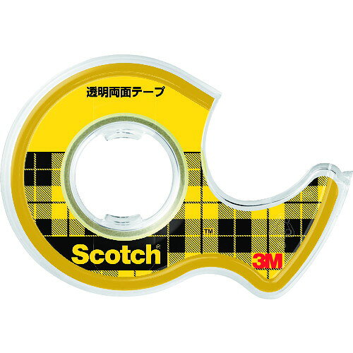 メーカー：スリーエムジャパン【商品特徴】●裏紙がなく使いやすい透明両面テープです。●ガラスにポスター、掲示物等を貼るときに便利です。●手切れ性をよくしたテープです。●透明な素材の採用で、目立たずきれいに仕上がります。●変質、変色しにくく、長期保存に耐えます。【用途】●ポスターなど掲示物の貼り込み、写真や記事などのスクラップ、製品見本帖の作成、写真製版の張り込みなどに。【仕様】●色：透明●幅(mm)：12●長さ(m)：6●厚さ(mm)：0.07【仕様2】●粘着力：1.8N/10mm(内側)、1.5N/10mm(外側)●引張強度：60N/10mm●ディスペンサーつき●巻芯径：25mm【材質/仕上】●基材：透明硬質塩化ビニール●粘着剤:アクリル系質量：21g原産国（名称）：アメリカJAN：4901690361012※メーカーの都合によりパッケージ、内容等が変更される場合がございます。当店はメーカーコード（JANコード）で管理をしている為それに伴う返品、返金等の対応は受け付けておりませんのでご了承の上お買い求めください。【代引きについて】こちらの商品は、代引きでの出荷は受け付けておりません。【送料について】北海道、沖縄、離島は別途送料を頂きます。