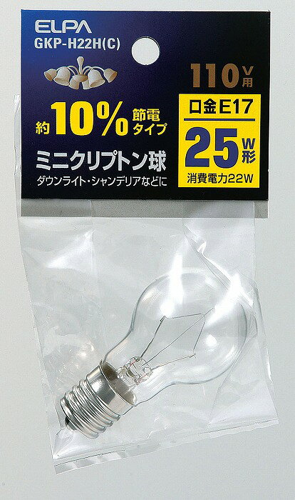 【商品詳細】定格電圧：110V定格消費電力：22W定格寿命：約2,000時間本体サイズ：全長67×バルブ径35(mm)口金：E17入数：1個カラー：クリア25W形約10％節電タイプアルゴンガスよりも熱伝導率の低いクリプトンガスの封入で長寿命を実現した電球です。外径のコンパクト化によってスポットライト、ダウンライトなど幅広く使用できます。【送料について】北海道、沖縄、離島は送料を頂きます。