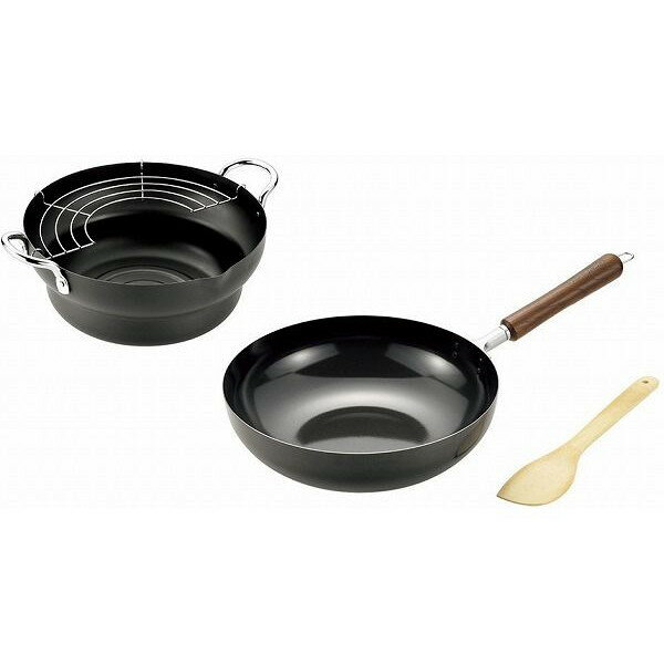 日本製 燕三条 木柄いため鍋28cm 竹ヘラ&天ぷら鍋24cm(代引不可)【送料無料】