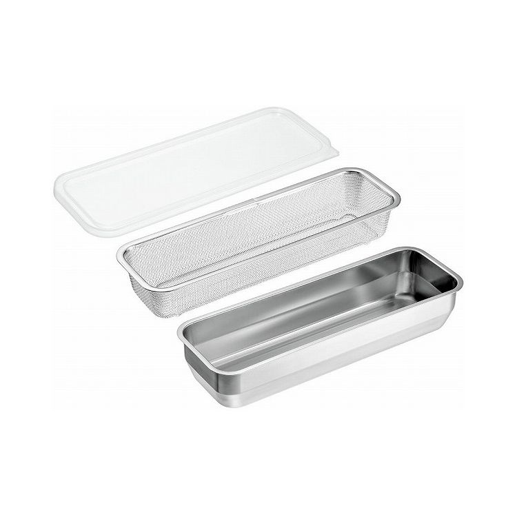■内容（サイズ等）バット1/2L：外径約324×110×H60mm　 内径約310×98mm（約220g・約1,600cc）ザル1/2L：約310×96×H50mm（約130?）蓋：約70g■材質バット本体：18-8ステンレス鋼（0.4mm厚）ザル：18-8ステンレス鋼　蓋：ポリエチレン樹脂（耐熱60℃・耐冷-30℃）■生産国日本■その他バットの中にザルがぴったり入ります。蓋付だから食材の作り置きの保存も重ねてスッキリ！丈夫で耐久性に優れた18-8ステンレス製。【代引きについて】こちらの商品は、代引きでの出荷は受け付けておりません。【送料について】北海道、沖縄、離島は送料を頂きます。