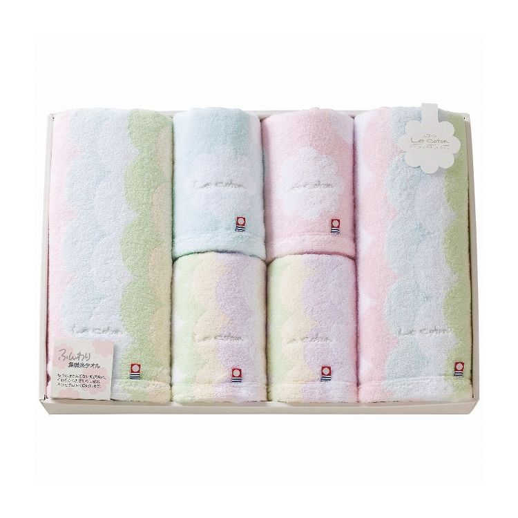【商品特徴】撚りのほとんどない太めの無撚糸を通常の細さの糸とミックスして織り上げることにより、ふわふわもこもこ触感に仕上がっています。【製造者】apide【箱サイズ（cm）】48×34×6.5cm【現品サイズ・内容】60×120cmバスタオル2枚・34×80cmフェイスタオル4枚・綿100％・［日本製］【製造生産地】日本※メーカーの都合によりパッケージ、内容等が変更される場合がございます。当店はメーカーコード（JANコード）で管理をしている為それに伴う返品、返金等の対応は受け付けておりませんのでご了承の上お買い求めください。【送料について】北海道、沖縄、離島は送料を頂きます。