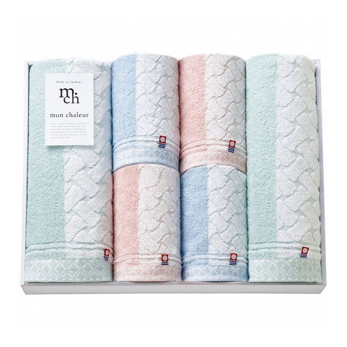 【商品詳細】縦に2つのやさしい色配色が特徴的な、今治伝統の技術で織り上げられたタオルは使いはじめから吸水性がよくふんわりした風合いが長続きします。現品サイズ・内容:40×110cmバスタオル2枚・28×75cmフェイスタオル4枚・綿100％・［日本製］製造生産地:日本【送料について】北海道、沖縄、離島は送料を頂きます。