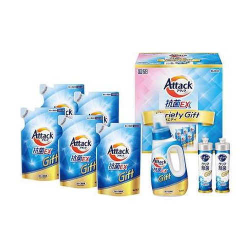 アタック抗菌EXバラエティーギフトアタック抗菌EX詰替用(590g)×5、キュキュットクリア除菌(220ml)×2、アタック抗菌EX(750g)×1メーカー品番:K・AU-40A箱サイズ:18.1×28.1×28.4cm本体重量:4.7kg【送料について】北海道、沖縄、離島は送料を頂きます。