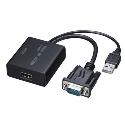 ミニD-sub(HD)15pinアナログ信号(VGA)と音声信号をHDMI信号に変換できるケーブル一体型変換コンバーターミニD-sub(HD)15pinアナログ信号(VGA)をHDMI信号に変換するコンバーターです。ミニD-Sub(HD)15pinアナログVGAポートを搭載するパソコンからHDMI搭載ディスプレイに接続・表示する場合に最適です。3.5mmステレオミニ音声信号も同時に変換できるのでHDMIディスプレイから映像と音声両方を出力することもできます。USB給電で動作するUSBバスパワー方式なのでモバイル環境でも設置が簡単に行えます。ドライバなどのインストールは必要ありません。接続するだけで使用できます。ケーブル一体型で接続が簡単に行えます。↓↓ケーブル一体型で接続が簡単に行えます。↓↓↓※液晶テレビ、プロジェクター、パソコン用ディスプレイも上記解像度・リフレッシュレートに対応している必要があります。↓※解像度1920×1200ドットには対応しておりません。↓※対応解像度でもリフレッシュレートが異なりますと正常に表示できませんのでご注意ください。↓※アナログVGA信号からデジタルHDMI信号への信号変換を行う製品ですが、機器により認識できない・表示できない等の相性問題が発生する可能性があります。↓※全ての機器で動作を保証するものではありません。↓※3.5mmステレオミニケーブルは同梱しておりません。●対応解像度:↓1920×1080(60Hz)↓1680×1050(60Hz)↓1600×900(60Hz)↓1600×1200(60Hz)↓1440×900(60Hz)↓1400×1050(60Hz)↓1366×768(60Hz)↓1360×768(60Hz)↓1280×960(85Hz/60Hz)↓1280×800(85Hz/75Hz/60Hz)↓1280×768(85Hz/75Hz/60Hz)↓1280×720(60Hz)↓1280×1024(75Hz/60Hz)↓1152×864(75Hz)↓1024×768(85Hz/75Hz/70Hz/60Hz)↓800×600(85Hz/75Hz/72Hz/60Hz)↓640×480(85Hz/75Hz/72Hz/60Hz)↓※解像度1920×1200ドットには対応しておりません。●入力DDC信号:5V●インターフェース:↓入力用/ミニD-sub(HD)15pinオス×1、3.5mmステレオミニジャック×1↓出力用/HDMI タイプA(19PIN)メス×1●対応音声フォーマット:リニアPCM2チャンネル(48kHz)●動作環境:稼働温度0〜40℃、稼働湿度80%以下(結露なきこと)↓稼働温度-20〜60℃、稼働湿度80%以下(結露なきこと)●消費電力:0.5W●材質:ABS樹脂●サイズ:W50×D55×H20mm●重量:約60g●付属品:取扱説明書メーカー:サンワサプライ【代引きについて】こちらの商品は、代引きでの出荷は受け付けておりません。【送料について】北海道、沖縄、離島は送料を頂きます。