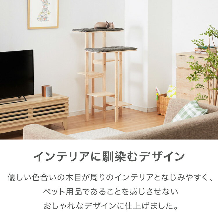 リコメン堂ホームライフ館のキャットタワー 木製 天然木 グレー 幅60×奥行き54×高さ111cm 耐荷重15kg シンプル ナチュラル 北欧 おしゃれ 猫タワー キャットツリー 猫 遊び場 寝床 インテリア 据え置き 布製 掃除簡単 安定 ペット ペット用品 【送料無料】｜アングル3