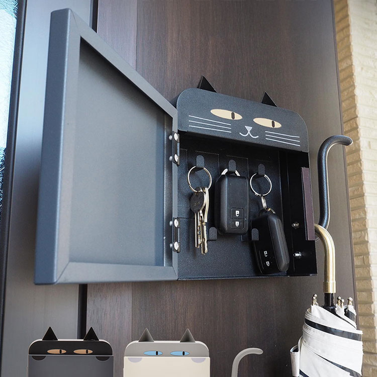のぞき猫 マグネットキーボックス しっぽフック付き ブラック マグネット猫型 鍵収納 玄関収納 スチール 北欧 おしゃれ【送料無料】