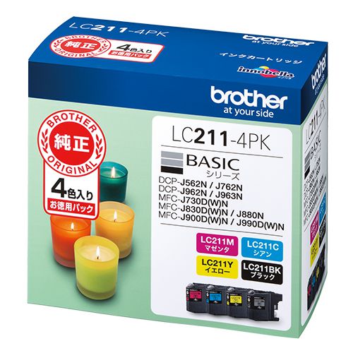 ブラザー インクカートリッジ LC211-4PKJANコード4977766751728鮮やかな仕上がりを支える、ブラザー純正インクカートリッジのご使用をおすすめします。◆LC211BK／C／M／Yの4色セット　◆対応機種：DCP−J963N／J962N／J762N／J562N、MFC−J880N／J990DN／J990DWN／J900DN／J900DWN／J830DN／J830DWN／J730DN／J730DWN【送料について】北海道、沖縄、離島は送料を頂きます。