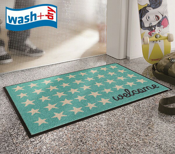 玄関マット wash+dry A028A Welcome Stars 50×75cm 柄物 おしゃれ 滑り止めラバーつき(代引不可)【送料無料】