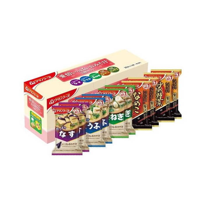 原材料 【いつものおみそ汁 なす】揚げなす(外国製造)、米みそ、調合みそ、ねぎ、風味調味料、でん粉・デキストリン混合物、みりん、乾燥わかめ、オニオンエキスパウダー、酵母エキスパウダー、こんぶエキスパウダー/調味料(アミノ酸等)、酸化 防止剤(ビタミンE)、酸味料、(一部にさば・大豆・鶏肉・魚醤(魚介類)を含む)【いつものおみそ汁 とうふ】豆腐(国内製造)、米みそ、調合みそ、ねぎ、風味調味料、乾燥わかめ、でん粉・デキストリン混合物、食塩、かつお節粉末、こんぶ粉末、酵母エキスパウダー/調味料(アミノ酸等)、安定剤(加工デンプン)、凝固剤、酸化 防止剤(ビタミンE)、酸味料、(一部にさば・大豆・魚醤(魚介類)を含む)【いつものおみそ汁 長ねぎ】米みそ(国内製造)、調合みそ、ねぎ、乾燥ねぎ、風味調味料、乾燥わかめ、かつおエキス、かつお節粉末、でん粉、こんぶ粉末/調味料(アミノ酸等)、酸化 防止剤(ビタミンE)、酸味料、(一部にさば・大豆・魚醤(魚介類)を含む)【いつものおみそ汁 贅沢なめこ】なめこ(国産)、調合みそ、豆みそ、みつば、風味調味料、しょうゆ、でん粉・デキストリン混合物、こんぶ、かにエキス、こんぶ粉末、かつお節粉末、酵母エキスパウダー/調味料(アミノ酸等)、カラメル色素、酸化 防止剤(ビタミンE)、酸味料、(一部にかに・小麦・乳成分・さば・大豆・魚醤(魚介類)を含む)【いつものおみそ汁贅沢 炒め野菜】キャベツ(国産)、米みそ、調合みそ、揚げなす、もやし、オニオンソテー、風味調味料、にんじん、みりん、でん粉・デキストリン混合物、ごま油、豚脂加工品、でん粉、香辛料、オニオンパウダー、香味油、酵母エキスパウダー/調味料(アミノ酸等)、酸化 防止剤(ビタミンE、ビタミンC)、酸味料、香料、(一部に小麦・乳成分・ごま・さば・大豆・鶏肉・豚肉・魚醤(魚介類)を含む)栄養成分 (1食あたり)【いつものおみそ汁 なす】エネルギー41kcal、たんぱく質1.8g、脂質2.1g、炭水化物3.8g、食塩相当量1.5g【いつものおみそ汁 とうふ】エネルギー36kcal、たんぱく質2.5g、脂質1g、炭水化物4.3g、食塩相当量1.7g【いつものおみそ汁 長ねぎ】エネルギー31kcal、たんぱく質2g、脂質0.65g、炭水化物4.4g、食塩相当量1.7g【いつものおみそ汁 贅沢なめこ】エネルギー31kcal、たんぱく質2.0g、脂質0.67g、炭水化物4.2g、食塩相当量1.7g【いつものおみそ汁贅沢 炒め野菜】エネルギー43kcal、たんぱく質2.1g、脂質0.7〜1.5g、炭水化物6.2g、食塩相当量2.0g内容 いつものおみそ汁 なす2食、いつものおみそ汁 とうふ2食、いつものおみそ汁 長ねぎ2食、いつものおみそ汁 贅沢なめこ2食、いつものおみそ汁贅沢 炒め野菜2食賞味期間 (メーカー製造日より)1年名称 即席汁(乾燥タイプ)保存方法 高温多湿の所を避け、常温で保存してください。保存の際は必ずチャックを閉めてください。販売者:アサヒグループ食品株式会社原産または加工国　日本商品区分　食品※予告なくパッケージリニューアルをされる場合がございますがご了承ください。※パッケージ変更に伴うご返品はお受け致しかねます。※メーカーの都合により予告なくパッケージ、仕様等が変更となる場合がございます。※当店はJANコードにて管理を行っている為、それに伴う返品、交換等はお受けしておりませんので事前にご了承の上お買い求めください。【送料について】北海道、沖縄、離島は送料を頂きます。