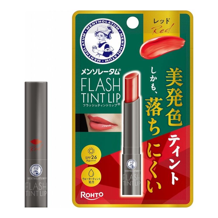 【商品詳細】・「フラッシュティントリップ」は ウォーターティント処方を採用し 時間が経っても 唇の水分に反応することで発色が長続きする色つきリップです。・こだわりの6種のトリートメントオイル※(保湿成分)とティント効果で 唇をうるおいで満たしながら いつでも付けたてのような美発色が続きます。・UVカット(SPF26 PA+++)。成分：スクワラン トリ(カプリル酸／カプリン酸)グリセリル パラフィン 水添ポリイソブテン リンゴ酸ジイソステアリル メトキシケイヒ酸エチルヘキシル ビスジグリセリルポリアシルアジペート-2 トリポリヒドロキシステアリン酸ジペンタエリスリチル ワセリン シア脂 ポリエチレン 水添野菜油 アボカド油 トリイソステアリン酸ポリグリセリル-2 マイクロクリスタリンワックス t-ブチルメトキシジベンゾイルメタン (VP／エイコセン)コポリマー オリーブ果実油 酸化チタン ペンチレングリコール 黄4 赤201 マイカ 赤202 酸化スズ 赤218 ホホバ種子油 アルガニアスピノサ核油商品区分：化粧品製造国：日本内容量：2gメーカー名：ロート製薬【送料について】北海道、沖縄、離島は送料を頂きます。メンソレータム フラッシュティントリップレッドピンクベージュ