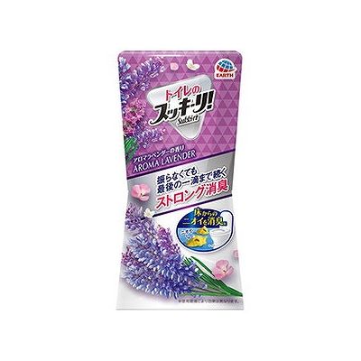 商品概要メーカー：アース製薬商品名：トイレのスッキーリ！Sukki−ri！アロマラベンダーの香り（400mL）区分：日用雑貨内容量：400mL商品概要：液残りがなく、振らなくても最後の一滴まで消臭芳香効果！JANコード：4901080647016商品コード：105911976商品の特徴トイレ用置き型消臭芳香剤です。消臭芳香液を上から供給する「スッキーリ方式」だから、液残りがなく、振らなくても最後の一滴まで消臭芳香効果が続きます。また、Wの消臭成分（植物成分、イオン系消臭剤）と香りのチカラでトイレの気になるアンモニア臭や硫化水素臭にしっかり消臭芳香効果を発揮します。洗練されたスタイリッシュでおしゃれなデザインだからトイレのインテリアにもおすすめ！使用期間は、約1．5〜3ヵ月間です。味／香りアロマラベンダーの香り使用方法／召し上がり方（1）下容器を固定しながら、ボトルを横に倒してはずす。※ボトルが外しにくい場合は、外側方向に折るようにしてはずす。（2）ボトルの口部を上にしてキャップを外す。（3）ボトルの口部を上にしたまま、下容器をセットする。（下容器の中にある揮散マットは取り外さない）（4）セット後は、ボトルが上になるようにして安定した場所に置く。保存方法●高温になる所や、直射日光の当たる所を避け、子供の手の届かないところで使用、保管する。使用上の注意●本品は飲めません。小児や高齢者がいるご家庭では誤飲に注意すること。●用途以外に使用しない。●使用中は安定した場所に置き、倒れないようにする。●ボトル内の液がなくなっても、液が溜まっている場合があるので、注意する。●ボトルだけを持ち上げない。液がこぼれることがあります。●万一液がこぼれた場合、シミ・変色の原因になることがあるので、すぐにふきとる。【応急処置】●内溶液が手についたり、眼に入った場合はすぐに水で十分に洗い流す。また、誤って飲んだ場合は、大量の水を飲ませるなどした後、異常のある場合は医師に相談する。発売元／製造元／輸入元アース製薬※予告なくパッケージリニューアルをされる場合がございますがご了承ください。※パッケージ変更に伴うご返品はお受け致しかねます。※メーカーの都合により予告なくパッケージ、仕様等が変更となる場合がございます。※当店はJANコードにて管理を行っている為、それに伴う返品、交換等はお受けしておりませんので事前にご了承の上お買い求めください。【送料について】北海道、沖縄、離島は送料を頂きます。