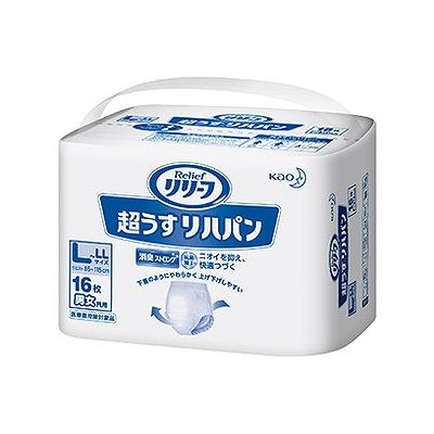 商品概要メーカー：花王プロフェッショナル・サービス商品名：リリーフ病院施設用超うすリハパンL−LL16枚区分：日用雑貨内容量：16枚商品概要：【パンツタイプ】【医療・介護施設向け】下着のようにやわらかく上げ下げしやすい。日本転倒予防学会推奨。排尿2回分吸収。消臭ストロング。JANコード：4901301328410商品コード：212700159商品の特徴花王プロフェッショナルシリーズの大人用紙おむつです。「リリーフ病院施設用」はご利用者のことを考えた、「モレない」工夫と「肌にやさしい」工夫、さらに「ニオわない」にこだわった大人用おむつです。病院・施設ではもちろん、在宅での介護でも。【「リリーフ病院施設用」は全品“消臭ストロング”】（消臭ストロングは、花王が消臭力に自信を持ってお届けするシリーズです。）●新・抗菌消臭技術採用尿臭原因菌※1の増殖抑制効果が高い抗菌成分を配合した吸水ポリマーを新開発。抗菌成分が尿中の尿臭原因菌に常に接触することで、原因菌の増殖を抑制することにより、原因菌由来の分解酵素※2を抑え、尿の嫌な臭いを抑えます。※1尿臭（フェノール系、窒素系悪臭成分）を生成する菌※2尿臭の素となる成分を分解し、尿臭を発生させる酵素●はき心地快適ふんわり、やわらか素材おなかにやさしくフィット。ガサガサせず、違和感のないやわらかなはき心地です。●モレ安心股下フィット吸収体股からのモレを防ぎます。うす型だから股下すっきり、動きやすい。はいた時に吸収体が立ち上がるので、横向きで寝たときの足まわりからのモレや、パット使用時のモレもしっかり防ぎます。●さらさら全面通気性シート肌トラブルの原因となるおむつ内の湿気を外へ逃がします。●上げ下げしやすいウエストのびのびギャザー日本転倒予防学会推奨。軽い力で伸びるから、スルッとはけて、ふらつきにくい。・医療費控除対象品※ご使用後はサイドのミシン目から簡単に破くことができます。※廃棄テープはありません。※パッドをお使いの場合は「リリーフ紙パンツ専用パッド安心フィット」（2回吸収）、「リリーフ紙パンツ専用パッド安心フィット夜用」（4回吸収）がおすすめです。原材料／成分／素材／材質●素材表面材ポリオレフィン系不織布吸水材綿状パルプ／吸収紙／アクリル系高分子吸水材防水材ポリオレフィン系フィルム伸縮材ポリウレタン結合材スチレン系エラストマー合成樹脂など●抗菌剤の種類有機系抗菌剤商品仕様／内容吸収回数の目安：排尿2回分（1回の吸収量を約150mLとして）サイズ／カラー・L−LLサイズ：ウェスト85−115cm（M−Lサイズ：ウェスト60−90cmもございます）対象年齢／性別男女共用使用方法／召し上がり方●はき方・はかせ方うしろと表記している方が後ろです。前後を確かめてください。普段の下着と同じようにはいて（はかせて）ください。●とりかえ方そのまま脱がせるか、両脇を破いてはずしてください。大便の時は両脇を破り、片手を股間部にあててはずします。保存方法保管上の注意1．開封後は、ほこりや虫が入らないよう、衛生的に保管してください。2．認知症の方などの誤食や他の事故を防ぐため、置き場所に注意してください。使用上の注意●ご使用上の注意ご使用前に必ずお読みください1．本品は紙おむつですので、洗濯しないでください。2．誤って洗濯した場合は、脱水後、衣類についたパルプやゼリー状の粒＊をはたき落とし、洗濯機内部に残ったものは取り除いてください。＊ゼリー状の粒は高分子吸水材が水分を吸収したものです。3．変形することがありますので、暖房器具の近くなど高温になる所に置かないでください。4．肌に残った大便はかぶれの原因になりますのできれいにふき取ってください。かぶれたり、紙おむつがお肌に合わない場合には、ご使用を中止し、医師にご相談ください。5．ご使用者が誤って口にすることがないよう保管に注意し、使用後はすぐに処理してください。食べてしまった場合は、早急に医師にご相談ください。6．本品は転倒しないことを保証するものではありません。7．衛生品ですので、1日に1回は交換をおすすめします。使用後の処理1．紙おむつに付着した大便は、トイレに始末してください。2．汚れた部分を内側にして丸めて、不衛生にならないように処理してください。3．トイレに紙おむつを捨てないでください。4．使用後の紙おむつの廃棄方法は、お住まいの地域のルールに従ってください。5．誤食事故防止のため、使用後はすぐに処理してください。6．外出時に使った紙おむつは持ち帰りましょう。発売元／製造元／輸入元花王プロフェッショナル・サービス※予告なくパッケージリニューアルをされる場合がございますがご了承ください。※パッケージ変更に伴うご返品はお受け致しかねます。※メーカーの都合により予告なくパッケージ、仕様等が変更となる場合がございます。※当店はJANコードにて管理を行っている為、それに伴う返品、交換等はお受けしておりませんので事前にご了承の上お買い求めください。【送料について】北海道、沖縄、離島は送料を頂きます。