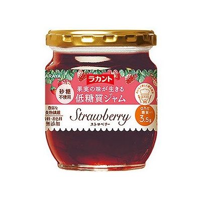 商品概要メーカー：サラヤ商品名：【軽】ラカントストロベリージャム（200g）区分：食品内容量：200g商品概要：砂糖不使用！JANコード：4973512272592商品コード：047316092商品の特徴●カロリーゼロの甘味料エリスリトール、高純度羅漢果エキスを使い、カロリーを一般のストロベリージャム（※）の半分におさえました。●大さじ1杯(20g)で3.8gの食物繊維を配合。●イチゴをまるごと使用！食感を楽しめるプレザーブスタイル。果実のかたちが残るよう、ていねいに煮込んで作りました。※注1）日本食品標準成分表2015年版（七訂）いちごジャム（高糖度）との比較。原材料／成分／素材／材質いちご、還元麦芽糖水飴、ポリデキストロース、エリスリトール、濃縮レモン果汁／ゲル化剤（ペクチン）、甘味料（ラカンカ抽出物）賞味期限／使用期限（製造から）1年原産国・製造国日本保存方法直射日光、高温多湿をさけ常温で保存発売元／製造元／輸入元サラヤ※予告なくパッケージリニューアルをされる場合がございますがご了承ください。※パッケージ変更に伴うご返品はお受け致しかねます。※メーカーの都合により予告なくパッケージ、仕様等が変更となる場合がございます。※当店はJANコードにて管理を行っている為、それに伴う返品、交換等はお受けしておりませんので事前にご了承の上お買い求めください。【送料について】北海道、沖縄、離島は送料を頂きます。