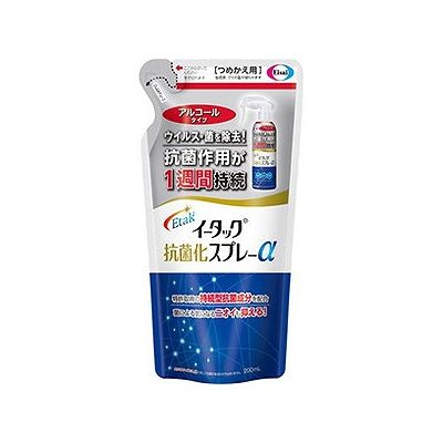 商品概要メーカー：エーザイ商品名：イータック抗菌化スプレーαアルコールタイプつめかえ用（200mL）区分：日用雑貨内容量：200mL商品概要：アルコールタイプ。ウイルス・菌を除去！が1週間持続JANコード：4987028179467商品コード：002124404商品の特徴ウイルス・菌が気になるところにシュッ!とスプレー。持続＆速乾のアルコールタイプ原材料／成分／素材／材質水、エタノール、エトキシシラン系化合物（持続型抗菌成分）他使用方法／召し上がり方●必ず、イータック抗菌化スプレーαアルコールタイプの本体ボトルにつめかえてから、ご使用ください。●雑菌が入るのを防ぐため、本体ボトルは洗わずにそのままご使用ください。●全量をボトルにつめかえてください。●衛生的にご使用いただくため2〜3回つめかえた後は、新しい本体ボトルにお取替えください。使用上の注意●火気の近くで使用及び保管しないでください。●吸入しないように気をつけてください。●使用する際は十分換気を行ってください。●アルコール過敏症や肌の弱い方は取り扱いにご注意ください。●本品の使用中に気分が悪くなったり、赤み・はれ・かゆみ・刺激等、過敏症状が現れた場合には使用を中止し、医師にご相談ください。●目に入らないよう注意してください。●他の製品との併用はしないでください。●用途以外には使用しないでください。●直接人体や食品には使用しないでください。●高温及び直射日光の当たらない涼しいところに保管してください。●認知症の方などの誤飲を防ぐため、置き場所に注意してください。●小児の手の届かないところに保管してください。●他の容器には詰め替えないでください。●万一目に入った場合はこすらずに、水、またはぬるま湯で十分洗い流し、医師にご相談ください。●万一飲み込んだ場合は多量の水を飲ませ、吐かせた後に医師にご相談ください。発売元／製造元／輸入元エーザイ※予告なくパッケージリニューアルをされる場合がございますがご了承ください。※パッケージ変更に伴うご返品はお受け致しかねます。※メーカーの都合により予告なくパッケージ、仕様等が変更となる場合がございます。※当店はJANコードにて管理を行っている為、それに伴う返品、交換等はお受けしておりませんので事前にご了承の上お買い求めください。【送料について】北海道、沖縄、離島は送料を頂きます。