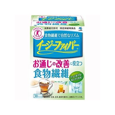 商品概要メーカー：小林製薬商品名：【軽】イージーファイバー（30パック）区分：食品内容量：30包商品概要：●お通じ改善に役立つ食物繊維です●飲み物などにサッと溶け味や香りを変えません●携帯に便利な個包装ですJANコード：4987072034354商品コード：075644352商品の説明●1日1パックでお通じ改善できる食物繊維●飲み物などにサッと溶け、ゼラチン状になりません。お茶やジュースなどの飲み物にどうぞ●ほとんど無味・無臭なので飲み物の味も香りも変わりません●携帯に便利な個包装です使用上の注意・製品は一度に大量に摂りすぎると、おなかがゆるくなることがあります。・お子さまや妊娠・授乳期の方にもお召し上がりいただけますが、飲み過ぎるとおなかがゆるくなることがありますので、摂取量に充分注意してください・水などの透明な飲み物に入れると、少し黄色くなりますが、品質に問題はありません。・まれに食物繊維の焦げ付きによって茶色い粉が見られることがありますが、品質に問題はありません。・食生活は、主食、主菜、副菜を基本に、食事のバランスを。保存方法直射日光を避け、涼しく乾燥した所に保存してください。使用方法1日に1パック(缶入りではスプーン1杯分)を目安にお召し上がりください。お茶やジュースなどの飲み物にお使いいただけます。冷たい物にも、温かい物にもサッと溶けて味わいそのまま。成分【原材料名】難消化性デキストリン【栄養成分】（製品1パック(5.2g)当たり)熱量4.9〜7.5kcal、たんぱく質0g、脂質0g、糖質0〜0.78g、食物繊維4.2g、ナトリウム0.0085〜0.34mg、関与成分：難消化性デキストリン（食物繊維として）4.2g賞味期限／使用期限（製造から）3年メーカー名小林製薬内容量30包商品区分食品※予告なくパッケージリニューアルをされる場合がございますがご了承ください。※パッケージ変更に伴うご返品はお受け致しかねます。※メーカーの都合により予告なくパッケージ、仕様等が変更となる場合がございます。※当店はJANコードにて管理を行っている為、それに伴う返品、交換等はお受けしておりませんので事前にご了承の上お買い求めください。【送料について】北海道、沖縄、離島は送料を頂きます。