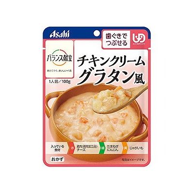 商品概要メーカー：アサヒグループ食品商品名：【軽】バランス献立チキンクリームグラタン風（100g）区分：食品内容量：100g商品概要：【歯ぐきでつぶせる】やわらかい鶏肉をほんのりチーズ仕立てのホワイトルー煮込みJANコード：4987244195746商品コード：012522228商品の特徴やわらかい鶏肉をほんのりチーズ仕立てのホワイトルーで煮込みました。原材料／成分／素材／材質野菜（たまねぎ（国産）、にんじん）、鶏肉加工品（鶏肉、たまねぎ、粒状大豆たんぱく、鶏皮、ラード（豚肉を含む）、でん粉、パン粉、その他）（国内製造）、じゃがいも（国産）、クリーミングパウダー、小麦粉、チキンエキス、砂糖、バター、チーズ、香味野菜ペースト、食塩、にんにくペースト、マッシュルームエキス粉末、香辛料／増粘剤（加工デンプン、キサンタン）、調味料（アミノ酸等）、リン酸塩（Na、K）、酸味料栄養成分エネルギー87kcal、たんぱく質2．4g、脂質4．6g、炭水化物8．9g、食塩相当量0．82g発売元／製造元／輸入元アサヒグループ食品※予告なくパッケージリニューアルをされる場合がございますがご了承ください。※パッケージ変更に伴うご返品はお受け致しかねます。※メーカーの都合により予告なくパッケージ、仕様等が変更となる場合がございます。※当店はJANコードにて管理を行っている為、それに伴う返品、交換等はお受けしておりませんので事前にご了承の上お買い求めください。【送料について】北海道、沖縄、離島は送料を頂きます。