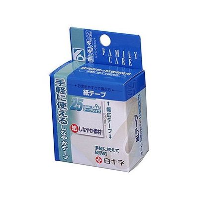 商品概要メーカー：白十字商品名：FC紙テープ（25mm×9m）区分：日用雑貨内容量：1個商品概要：●紙で出来ており、手軽に使えて経済的です。身体のどの部位でもぴったりなじみます。●はさみ不要。手で簡単に切れます。●アレルギーの心配が少ない、アクリル系粘着剤を使用しています。JANコード：4987603462977商品コード：009423431商品の説明○手軽に使えて経済的な、紙製のテープ○傷口にガーゼなどを固定するほかにも、さまざまな用途にご使用可能○お肌にやさしい低刺激性の粘着剤を採用サイズ/カラー幅／長さ（25mm×9m）使用上の注意≪定められた使用法を守ること≫◆皮膚を清潔にし、よく乾かしてからご使用ください。◆粘着部分が傷口に直接ふれないようにガーゼ等を当ててから、ご使用ください。◆すべてのアレルギーに対して保証するものではございませんので肌の弱い方など使用中に、かゆみ・かぶれなどの症状が◆あらわれた場合には使用を中止して医師または薬剤師に相談してください。◆皮膚の弱い方は同じところに繰り返し貼らずに1日1〜2回貼りかえるようにしてください。◆テープをはがす時は皮膚を痛めないように注意してください。保存方法◆小児の手の届かない所に保管してください。◆直射日光を避け、清潔な所に保管してください。◆ご使用後はこのパッケージを保存ケースとしてお使いください。使用方法水気をよく拭き取ってから粘着剤が傷口に直接ふれないように、ガーゼ等を当ててからご使用ください。成分素材基材：紙粘着剤：アクリル系、ボール芯：紙メーカー名白十字内容量1個商品区分日用雑貨※予告なくパッケージリニューアルをされる場合がございますがご了承ください。※パッケージ変更に伴うご返品はお受け致しかねます。※メーカーの都合により予告なくパッケージ、仕様等が変更となる場合がございます。※当店はJANコードにて管理を行っている為、それに伴う返品、交換等はお受けしておりませんので事前にご了承の上お買い求めください。【送料について】北海道、沖縄、離島は送料を頂きます。