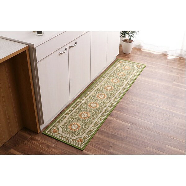 キッチンマット 約44×120cm グリーン エレガンス柄 撥水 滑りにくい加工付き 速乾性 お手入れ簡単 インテリア家具【代引不可】
