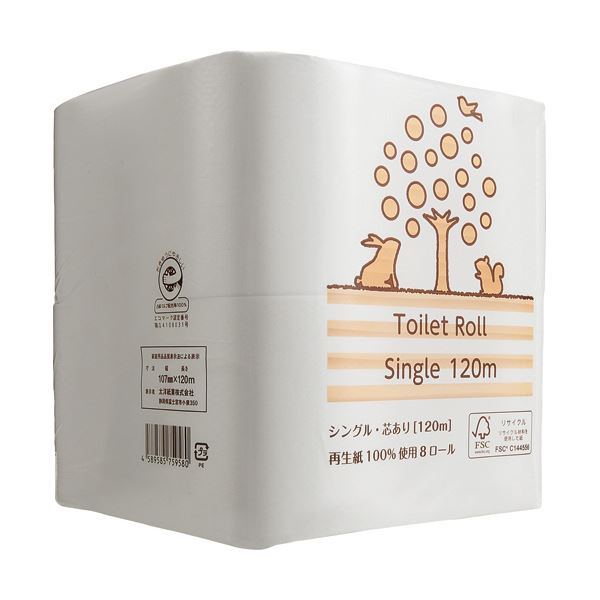 （まとめ） TANOSEEリサイクルトイレットペーパー（2倍巻） シングル 芯あり 120m 1パック（8ロール） 【×10セット】