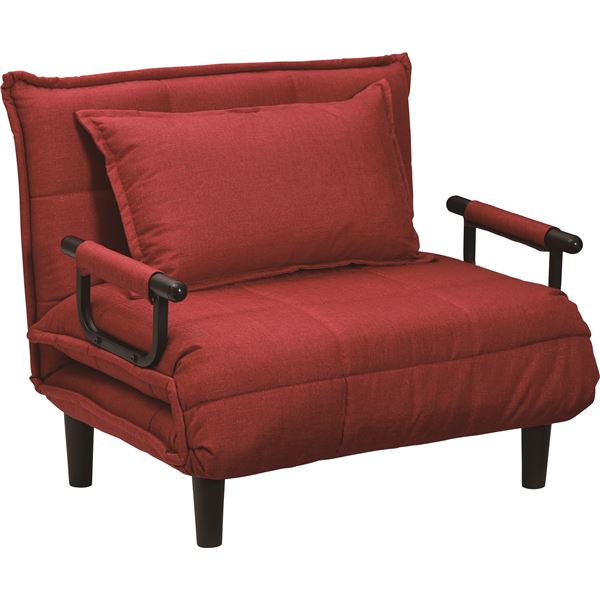 ソファベッド 幅100cm マット幅86 6段階リクライニング 折りたたみ シングル 1人掛け ファブリック キャスター付き 肘付き ソファーベッド レッド RED 組立品【代引不可】