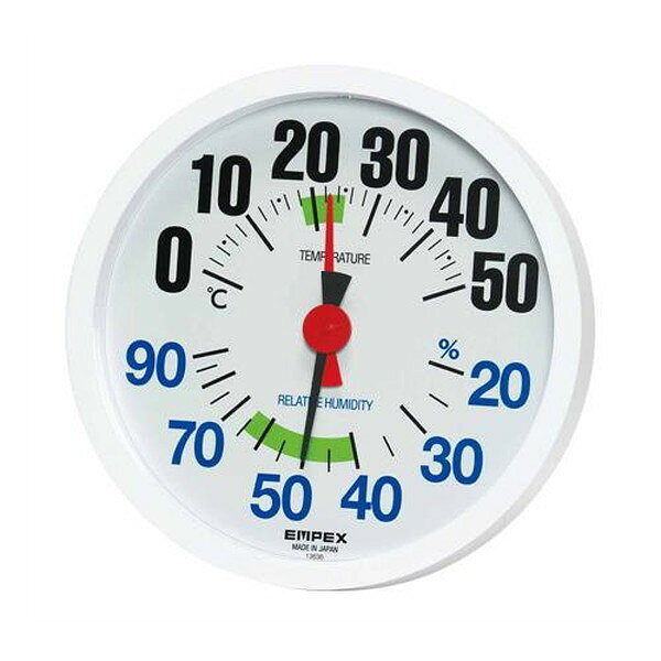 ●メーカー…エンペックス気象計（EMPEX）●型番…TM-2671●測定範囲…温度：0〜50℃湿度：20〜90%RH●サイズ…φ140×29mm●材質…枠：PS樹脂●重量…160g●精度…温度計：±1℃（−20〜40℃）湿度計：±5%RH（35〜75%RH常温）●数字も見やすいルシード温湿度計シリーズ●「見やすさ」にこだわったアナログ温度・湿度計です。●文字盤内の数字を大きくし、温度と湿度で色分けをしました。●快適ゾーン付き。数値を指し示す温度計指針と湿度計指針を太くし、温度と湿度で色分けをしました。●シンプルで遠くからでも見やすい温度・湿度計です。●電池不要、操作不要で設置をするだけで計測をします。●安心と信頼の日本製。●卓上用スタンド付●掛・置兼用●※精密機器につき強い衝撃を与えないでください。原産国：日本【代引きについて】こちらの商品は、代引きでの出荷は受け付けておりません。【送料について】北海道、沖縄、離島は別途送料を頂きます。