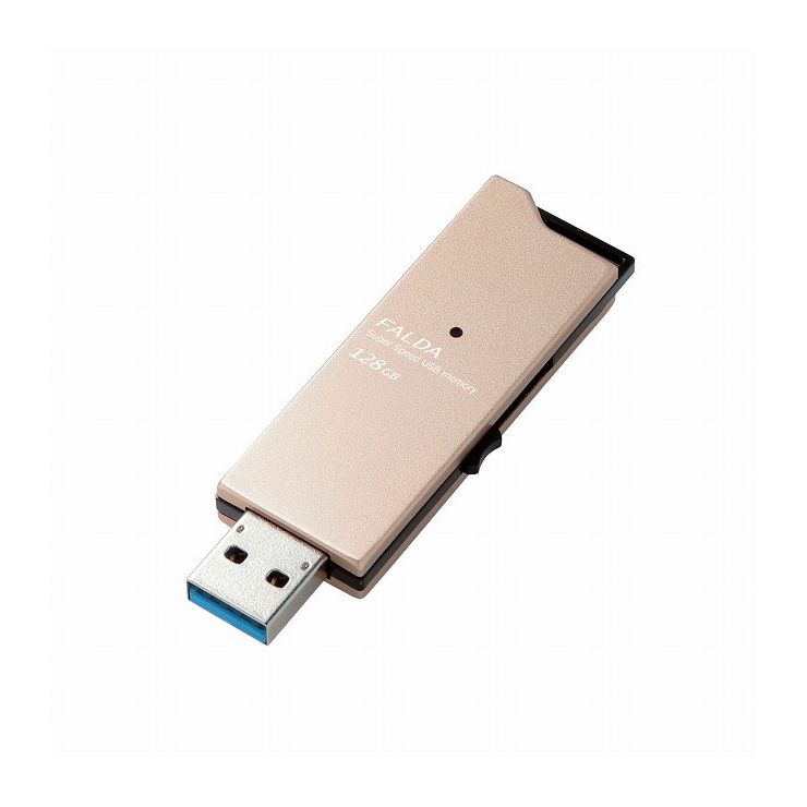 特長：読込速度210MB/sの超高速データ転送を実現。アルミ素材を使用したスリムデザインで、スタイリッシュな超高速USB3.0メモリ“FALDA(ファルダ)”。　概要：■読込速度210MB/sの超高速データ転送を実現するUSB3.0メモリ“FALDA(ファルダ)”です。■高級感のあるスタイリッシュなアルミ素材を使用しています。■隣接するポートにも干渉しにくいスリムなデザインです。■キャップレスでキャップを紛失する心配がないスライド式です。■お好みのストラップを装着できるストラップホールを装備しています。※本製品にストラップは付属していません。■メディアへのアクセス状態がわかる動作LEDを装備しています■弊社Webサイトからダウンロードすることで、パスワード自動認証機能付暗号化セキュリティソフト「PASS(Password Authentication Security System)×AES」あるいは「PASS(Password Authentication Security System)」を使用可能です。■「PASS(Password Authentication Security System)」使用時は、あらかじめ登録したパソコン(最大3台)では、USBメモリへのアクセスに必要なパスワード入力が不要で、未登録のパソコンに接続したときは、パスワード入力を要求し、盗難や紛失時のデータ漏えいを防止します。■「PASS(Password Authentication Security System)×AES」使用時は、保存されたデータは、信頼性の高い強固な暗号化方式「AES256bit」で暗号化されるので、万一の紛失や盗難でも大切なデータの情報流出を防止します。■USB2.0への下位互換が可能で、USB2.0対応のパソコン・機器でもそのまま接続可能です。■Macintoshにも対応しており、WindowsパソコンとMacintoshパソコン間でのデータのやり取りが可能です。■Windowsのユーザー権限でも使用可能なので、企業での導入にもお勧めです。■保証期間を「1年間」としていますので、安心してご利用いただけます。　■対応機種：Windows 10/8.1/8/7(SP1含む)/Vista(SP1、SP2)が動作するWindowsパソコン、およびMac OS X 10.8/10.9/10.10/10.11/10.12 が動作するMacintosh■付属ソフトウェア対応機種：Windows 10/8.1/8/7(SP1含む)/Vista(SP1、SP2)が動作するWindowsパソコン、およびMac OS X 10.8/10.9/10.10/10.11/10.12 が動作するMacintosh■インターフェイス：USB3.0/USB2.0■コネクタ形状：USB タイプA オス■容量：128GB■転送速度：読み出し最大210MB/s ※最大転送速度は当社環境による実測値であり、すべての環境において保証するものではありません。■セキュリティ機能：PASS(Password Authentication Security System) [パスワード自動認証機能付セキュリティソフト] or PASS(Password Authentication Security System) ×AES [パスワード自動認証機能付暗号化セキュリティソフト]■外形寸法：幅59mm×奥行21mm×高さ8mm■重量：約11g■電源：USBバスパワー■カラー：ゴールド■保証期間：1年【送料について】北海道、沖縄、離島は送料を頂きます。【配送について】■同一配送先2個以上から、宅配便となります。■単品出荷の場合、メール便（ネコポス）となります。メール便（ネコポス）の場合・ポスト投函となります。・お時間帯の指定は受け付けておりません。・代引きでの出荷は受け付けておりません。