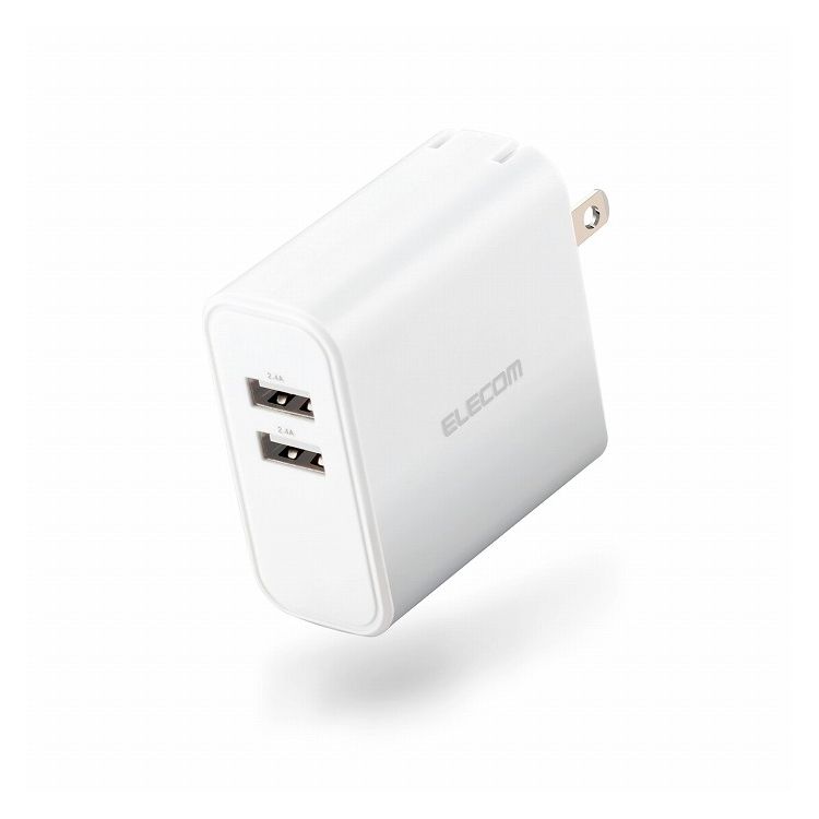 【商品詳細】持ち運びに便利なコンパクトサイズでありながら、おまかせ充電対応でiPhoneもAndroidも快適に2台同時充電が可能な2ポート合計4.8Aの高出力AC充電器。■スマートフォンやタブレットを付属もしくは対応する充電用USBケーブルを使用して、各ポート最大12W(5V/2.4A)、合計最大24W(5V/4.8A)出力で充電できるAC充電器です。 ■出力端子が2ポートありますので、スマートフォンなどを2台同時に充電が可能です。 ■接続された機器を自動検知し、最速電流で充電できるおまかせ充電に対応しています。 ■コンパクトサイズでありながら、未使用時は電源プラグを折りたたんで充電器本体に収納できるので持ち運びに便利です。■対応機種：2つのUSB Type-Aポートを利用して、それぞれ最大12W(5V/2.4A)、合計最大24W(5V/4.8A)までの出力で充電可能な機器とその組み合わせ ■コネクタ形状：USB Type-A(メス)×2 ■定格入力電圧：AC100-240V 50/60Hz ■定格出力電力：合計24W ■定格出力電圧：5V ■定格出力電流：各ポート2.4A、2ポート合計4.8A ■外形寸法：幅28×奥行58×高さ58(mm) ■質量：約105g ■カラー：ホワイト ■電気用品安全法：◇PSE 特定電気用品 ■使用可能地域：日本 ■保証期間：1年 ■その他：90°回転収納式コンセントプラグ/絶縁スリーブ付コンセントプラグ【代引きについて】こちらの商品は、代引きでの出荷は受け付けておりません。【送料について】北海道、沖縄、離島は送料を頂きます。