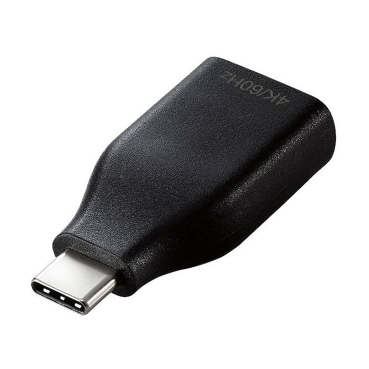 【商品名】エレコム ELECOM 変換アダプタ ( USB Type C to HDMI ) 4K 60Hz 【 Windows PC Chromebook MacBook Pro / Air iPad Android スマホ タブレット Type-C デバイス対応 】 ブラック【特徴】■USB Type-C(TM)コネクターを搭載した機器の映像信号を変換し、HDMI入力コネクターを搭載したディスプレイ・テレビ・プロジェクターなどに出力することができる映像変換アダプターです。■4K2K(3840×2160/60Hz)の解像度に対応しています。■著作権保護技術のHDCP1.4/HDCP2.2に対応しています。■複数のディスプレイを大きな一つの画面として映像を表示できる拡張モードと、一台のディスプレイの映像と同じ映像を表示する複製モードに対応しています。■ドライバー不要で、機器同士を接続するだけで使用可能です。■お持ちのHDMIケーブル(タイプA-タイプA)との組み合わせで、USB Type-C(TM)コネクターをHDMI(タイプA)コネクターに変換するケーブルの用意が不要になります。■持ち歩きしやすいコンパクトタイプです。■本製品にはHDMIケーブルは同梱しておりません。別途ケーブルをご用意ください。■サビなどに強く信号劣化を抑える金メッキピンを採用しています。■※当製品はIC搭載のアクティブタイプです。■※HDMIからUSB Type-C(TM)コネクターへの変換はできません。■※デジタル音声出力に対応しています。■※映像が正しく表示されない場合は、接続先のディスプレイの電源ON/OFFや各接続コネクターの抜き挿しをお試しください。■※環境、機器により正常に動作しない場合があります。■※本製品で映像出力を行う際は、出力機器がDisplayPort Alt Mode対応であることをご確認ください。■※接続する端末が、画面拡張・画面複製に対応している必要があります。■※NINTENDO SWITCH(TM)には対応していません。■EUの「RoHS指令(電気・電子機器に対する特定有害物質の使用制限)」に準拠(10物質)しています。■自社環境認定基準を1つ以上満たし、『THINK ECOLOGY』マークを表示した製品です。■環境保全に取り組み、製品の包装容器におけるプラスチック重量を、社内基準製品より20%以上削減した製品です。■環境保全に取り組み、製品の包装容器が紙・ダンボール・ポリ袋のみで構成されている製品です。【仕様】■対応機種：USB Type-C(TM)プラグ:USB Type-C(TM)コネクターを搭載したパソコン・スマホ・タブレット等、HDMI(タイプA)ポート:HDMI(タイプA)ケーブルで接続可能なディスプレイ・プロジェクター等 ■規格：HDCP1.4/HDCP2.2 ■コネクタ形状：USB Type-C(TM)プラグ-HDMI(タイプA)ポート ■対応解像度：4K2K(3840×2160)/60Hz ■プラグメッキ仕様：金メッキ ■カラー：ブラック ■環境配慮事項：EU RoHS指令準拠 (10物質)、簡易パッケージ【パッケージサイズ】82×180×20mm【パッケージ重量】0.03kg【配送について】こちらはメール便での発送となります。メール便でのお届はポストインです。下記の事項は対応できませんのでご確認ください。■時間指定・到着日指定はできません。■代金引き換えでのお支払いはできません。■お荷物の現在地追跡はできません。※他の商品との同梱不可