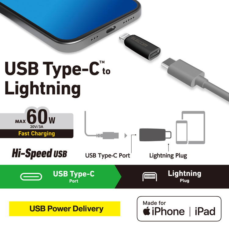 エレコム USB-C - Lightning 変換アダプタ タイプC ポート to ライトニング プラグ PD対応 60W 急速充電 コンパクト Lightningポート搭載 機器対応 ブラック ELECOM(代引不可)【送料無料】