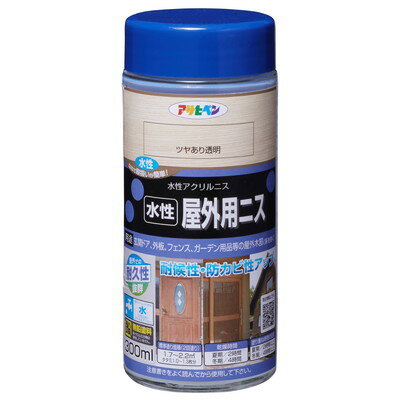 【商品説明】●水性木部塗料が塗装された木材に上塗りすることで、ツヤありに仕上がる屋外用ニスです。●木材に塗装することで、木材の変色を防いだり、木材の耐久性が向上します。●水性なのでニオイが少なく、取扱いが簡単です。●玄関ドア、外板、フェンス、ガーデン用品等の屋外木部（床を除く）に。●塗料タイプはアクリル樹脂塗料（アクリル樹脂を主成分とする塗料。耐候性、耐アルカリ性に優れる）です。●【下地処理など】：古い塗膜や木材表面が劣化している場合は、ナイロンブラシ、ナイロンタワシなどで水洗いし、できるだけ表面層を除去して、よく乾かします。塗装した際に塗料がはじく場合には、塗装面をサンドペーパー（＃400〜＃600）などで研磨してから、塗装して下さい。●内容量：300ml●標準塗り回数：2回塗り●塗装面積の目安（1回塗り）：1．7〜2．2m2（タタミ1．0〜1．3枚分）●光沢：ツヤあり●塗膜の仕上がり：透明（木目を生かす）●屋内外区分：屋外用●塗料タイプ：アクリル樹脂塗料●乾燥時間の目安：夏期／2時間　冬期／4時間●塗り重ね時間の目安：夏期／2時間以上　冬期／4時間以上●表示の用途以外には使用しないで下さい。●テーブルやカウンターの天面、化粧合板、絶えず水がかかったり、水につかる場所、常に湿っている箇所には適しません。●食器など、口や食品に直接触れるものには塗らないで下さい。●ピアノ、美術工芸品、高級家具（桐の家具など）には塗らないで下さい。●油加工（ロウ仕上げやワックス）、UV塗装、セラミック塗装、プリント合板、化粧合板などには適しません。●皮膚が直接接するような木部や犬小屋や鳥かご、その他ペットがなめたり、かじったりするような木部には塗らないで下さい。●塗装は雨の降りそうな日や湿度の高い日は避け、天気の良い日に塗って下さい。また塗装中、乾燥中ともに5℃以下になるときは塗らないで下さい。●塗りにくいときは水（5％以内）でうすめて下さい。●塗装はニスステイン用の化繊ハケが適しています。獣毛が混ざったハケを使用するとハケが固まる場合があります。ローラー、コテバケでの塗装は泡立ちますので、避けて下さい。●使い終えたハケや用具は乾かないうちに、新聞紙かボロ布でできるだけ塗料を拭き取り、水かぬるま湯で洗ってください。※メーカーの都合によりパッケージ、内容等が変更される場合がございます。当店はメーカーコード（JANコード）で管理をしている為それに伴う返品、返金等の対応は受け付けておりませんのでご了承の上お買い求めください。【代引きについて】こちらの商品は、代引きでの出荷は受け付けておりません。【送料について】北海道、沖縄、離島は送料を頂きます。
