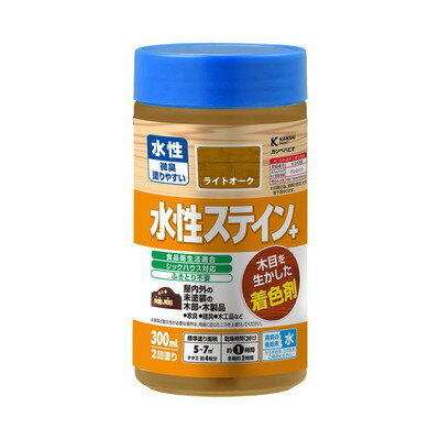 【商品説明】●木目をいかした、鮮やかな着色仕上げができます。着色力と耐久性に優れているので屋外でも使用できます。●臭いが少なく、使いやすい水性タイプ。※乾くと水で流れ落ちる事はありません。●シックハウスに対応したF☆☆☆☆及び食品衛生法に適合した安全性の高い二スです。【用途】家具・建具・木工品など屋内の未塗装の木部・木製品。【塗れないもの】高級家具、床面、テーブル天面、吸い込みのない素材(プリント合板・デコラ板)、UV塗装やセラミック塗装をしたもの、常に水に浸かっている所※必ず用途に応じたニスを上塗りしてください。※旧塗膜がある場合は完全に取り除く必要があります。●容量：300ml●色：ライトオーク●商品サイズ（幅×奥行×高さ）：65Φ×130●商品重量(g)：350●乾燥時間：約1時間(20℃)約2時間(冬期)●重ね塗り時間：4時間以上(20℃)8時間以上(冬期)●塗り面積（m2）：約5〜7●塗り重ね回数：2回※メーカーの都合によりパッケージ、内容等が変更される場合がございます。当店はメーカーコード（JANコード）で管理をしている為それに伴う返品、返金等の対応は受け付けておりませんのでご了承の上お買い求めください。【代引きについて】こちらの商品は、代引きでの出荷は受け付けておりません。【送料について】北海道、沖縄、離島は送料を頂きます。