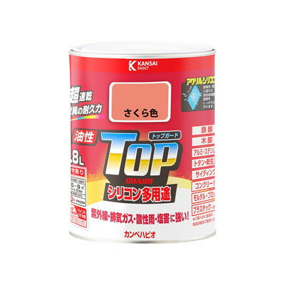 【商品説明】●高耐久アクリル・シリコン樹脂配合だから紫外線・排ガス・雪・酸性雨など外敵から建物を守り、長期間風合い・ツヤを保ちます。●従来の油性塗料では塗装できなかったアルミ・ステンレス・プラスチックや外壁サイディングなどにも塗れる多用途タイプ。●たれにくく塗りやすい超速乾型油性塗料だから作業性が抜群です。●光沢が優れ、鉄部のサビに強い油性タイプ。●防サビ配合だから鉄部をサビの発生から守ります。【用途】鉄部・木部・アルミ・ステンレス・プラスチック(一部を除く)・コンクリート・植木鉢など【塗れないもの】自動車、バイク、高級家具、床面、ビニールクロス、常に水に浸かっている所、メッキ、真ちゅう、銅、ホーロー、タイル、陶器、ポリカーボネート、ポリエチレン、ポリプロピレン、シリコンなど特殊処理された素材●容量：0.8L●色：さくら色●商品サイズ（幅×奥行×高さ）：114Φ×144●商品重量(g)：1204●乾燥時間：約30分(20℃)約2時間(冬期)●塗り面積（m2）：約6.5〜9.0●塗り重ね回数：1回●硬化時間：2時間以上(20℃)6時間以上(冬期)※メーカーの都合によりパッケージ、内容等が変更される場合がございます。当店はメーカーコード（JANコード）で管理をしている為それに伴う返品、返金等の対応は受け付けておりませんのでご了承の上お買い求めください。【代引きについて】こちらの商品は、代引きでの出荷は受け付けておりません。【送料について】北海道、沖縄、離島は送料を頂きます。