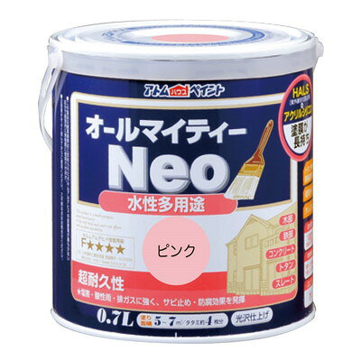 【商品説明】●カラーやサイズのバリエーションも豊富で学園祭や体育祭、文化祭をはじめ本格的な建築用途まで幅広い用途、幅広いお客様から支持されている塗料です。●別売りの｢アトムつや調整剤｣を使用することで、オールマイティーネオのつやを調整することができます。●商品サイズ(約):D112×W112×H118mm●商品重量(約):1010g●【属性・仕上がり感・塗り回数】:水性つやあり仕上げ/1回塗り(薄く2回塗りを推奨)●【用途】:(コンクリート)モルタル、ブロック、外かべ等/(スレート)スレート屋根、スレート瓦/(トタン(屋根除く))トタン板、下見トタン●【塗り面積】:84ML/0.8m2(タタミ枚数換算約0.5枚)200ML/2m2(タタミ枚数換算約1.3枚)0.7L/5〜7m2(タタミ枚数換算約4枚)1.6L/10〜15m2(タタミ枚数換算約8枚)3L/19〜28m2(タタミ枚数換算約14枚)7L/50〜70m2(タタミ枚数換算約35〜45枚)14L/100〜140m2(タタミ枚数換算約70〜90枚)●【表面乾燥時間】:夏期/約1時間、冬期/約2〜3時間(※気温23度、湿度50%時の場合)●【うすめ液/刷毛洗い】:通常/不要、濃い時/水ハケ洗い/水●色見本はご使用端末により若干の誤差がございますので、ご注意ください。●鉄部の塗装は錆が激しい場合、さび止め塗料を塗ってからの上塗りをお奨めします。●冬季は乾燥不良を避けるため、日中に塗装が終了するように作業してください。●結露等により、剥がれの原因となります。※メーカーの都合によりパッケージ、内容等が変更される場合がございます。当店はメーカーコード（JANコード）で管理をしている為それに伴う返品、返金等の対応は受け付けておりませんのでご了承の上お買い求めください。【代引きについて】こちらの商品は、代引きでの出荷は受け付けておりません。【送料について】北海道、沖縄、離島は送料を頂きます。