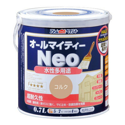 【商品説明】●カラーやサイズのバリエーションも豊富で学園祭や体育祭、文化祭をはじめ本格的な建築用途まで幅広い用途、幅広いお客様から支持されている塗料です。●別売りの｢アトムつや調整剤｣を使用することで、オールマイティーネオのつやを調整することができます。●商品サイズ(約):D112×W112×H118mm●商品重量(約):1010g●【属性・仕上がり感・塗り回数】:水性つやあり仕上げ/1回塗り(薄く2回塗りを推奨)●【用途】:(コンクリート)モルタル、ブロック、外かべ等/(スレート)スレート屋根、スレート瓦/(トタン(屋根除く))トタン板、下見トタン●【塗り面積】:84ML/0.8m2(タタミ枚数換算約0.5枚)200ML/2m2(タタミ枚数換算約1.3枚)0.7L/5〜7m2(タタミ枚数換算約4枚)1.6L/10〜15m2(タタミ枚数換算約8枚)3L/19〜28m2(タタミ枚数換算約14枚)7L/50〜70m2(タタミ枚数換算約35〜45枚)14L/100〜140m2(タタミ枚数換算約70〜90枚)●【表面乾燥時間】:夏期/約1時間、冬期/約2〜3時間(※気温23度、湿度50%時の場合)●【うすめ液/刷毛洗い】:通常/不要、濃い時/水ハケ洗い/水●色見本はご使用端末により若干の誤差がございますので、ご注意ください。●鉄部の塗装は錆が激しい場合、さび止め塗料を塗ってからの上塗りをお奨めします。●冬季は乾燥不良を避けるため、日中に塗装が終了するように作業してください。●結露等により、剥がれの原因となります。※メーカーの都合によりパッケージ、内容等が変更される場合がございます。当店はメーカーコード（JANコード）で管理をしている為それに伴う返品、返金等の対応は受け付けておりませんのでご了承の上お買い求めください。【代引きについて】こちらの商品は、代引きでの出荷は受け付けておりません。【送料について】北海道、沖縄、離島は送料を頂きます。